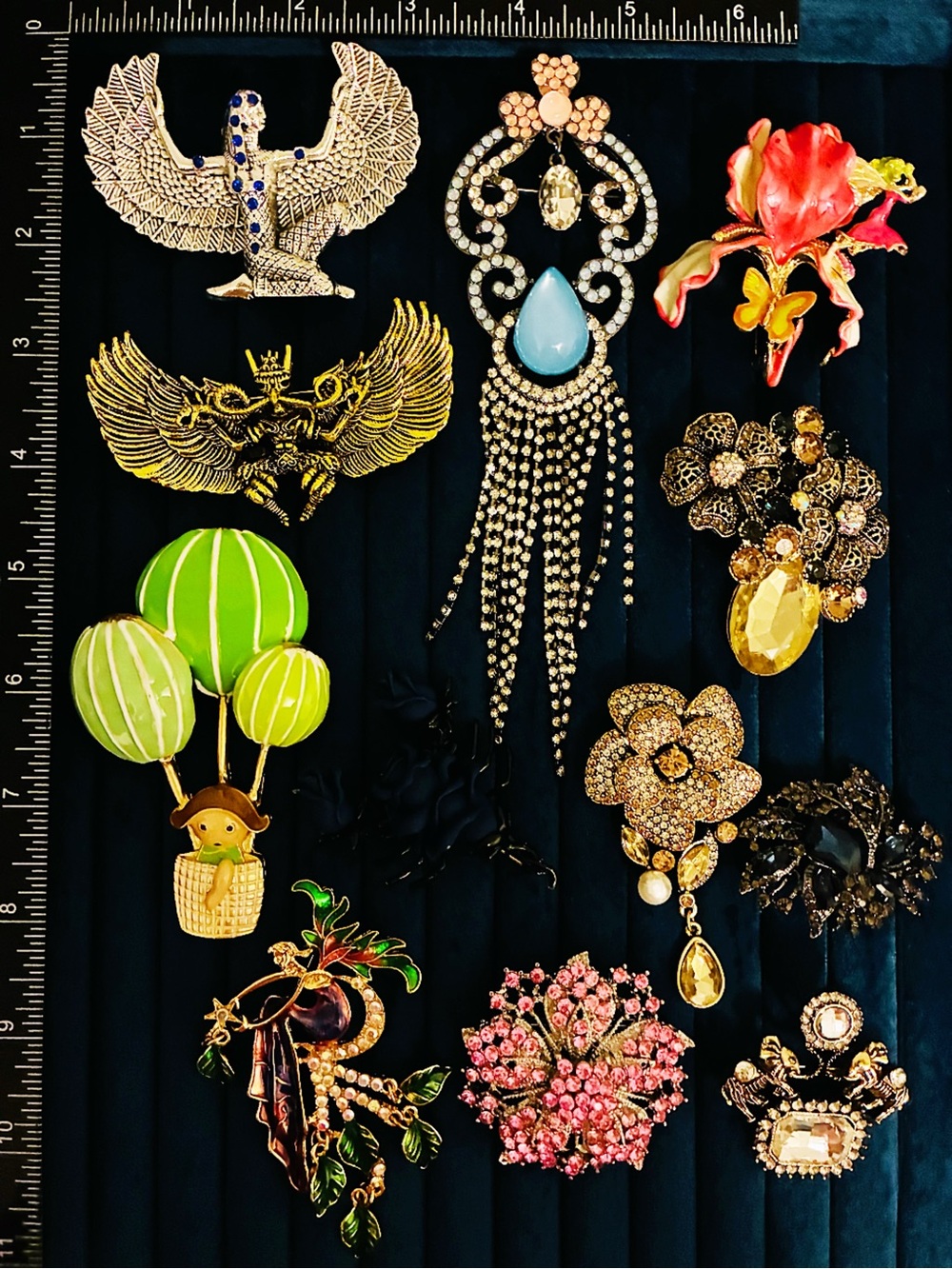 12 Pc Lot Statement Brooches Pin Egyptian Goddess Winged Balloon Rhinestone